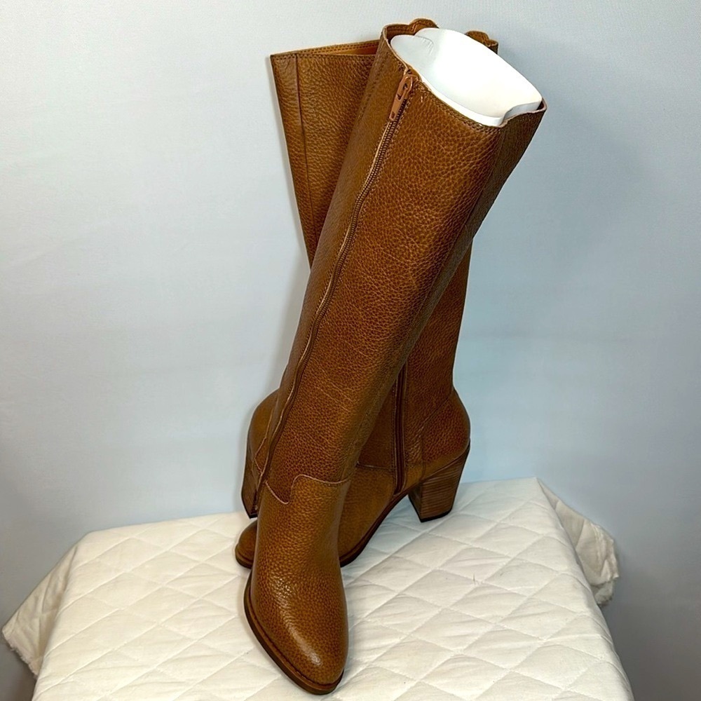 Lucky Brand Epositoh Honey Cornelian Leather Knee-High Boots Size 8 Block Heels - Picture 15 of 15